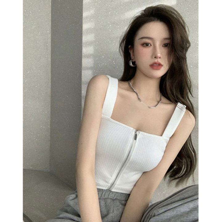 shenghao-เสื้อกล้ามถักแขนกุดสีพื้นมีซิปสำหรับผู้หญิงเสื้อกล้ามเซ็กซี่เข้ารูปฤดูร้อน