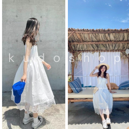 Váy maxi/ Đầm tiểu thư KUDOSHOP thiết kế 2 dây màu trắng ren xinh ...