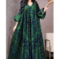 Women Fashion Print V Neck Big Swing Pullover Dress Casual Female Beach Boho Pleated Dress Elegant Long Sleeve Loose Robe Dress