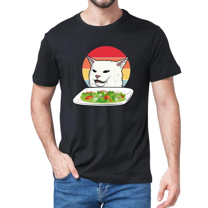 angry-yelling-at-confused-cat-at-dinner-table-meme-retro-mens-cotton-tshirt-humor-gift-tshirt-100-cotton-gildan