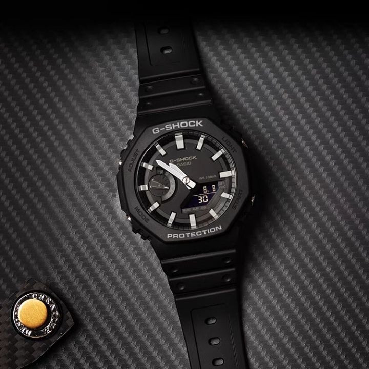 g-shock-ga-2100-แปดเหลี่ยมบริสุทธิ์สีดำคาร์บอนไฟเบอร์นาฬิกานักเรียน-จอแสดงผลคู่กีฬานาฬิกาผู้ชาย