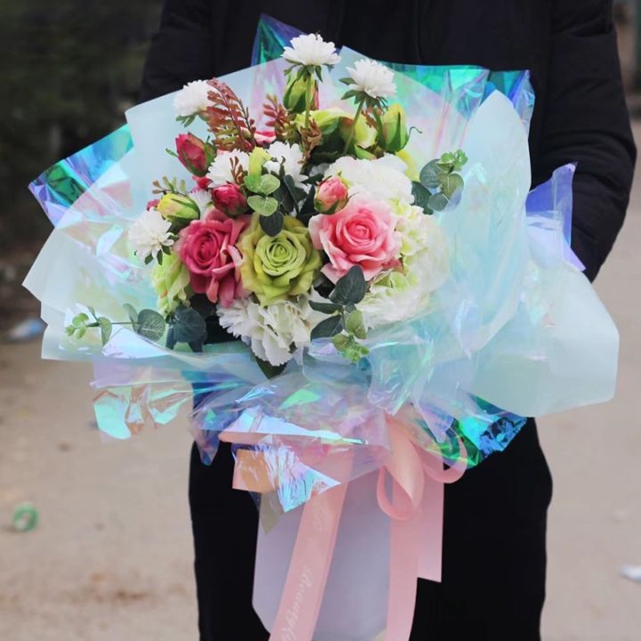 วัสดุบรรจุภัณท์ดอกไม้กระดาษห่อดอกไม้กระดาษแก้วแฟนตาซีฟิล์มรุ้ง