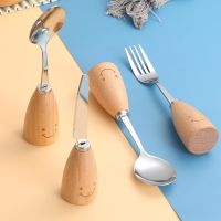 Childrens Stainless Steel Cutlery with Wooden Handle Knife  Fork and Spoon for Kids Portable Travel Tableware Kitchen Utensils Flatware Sets