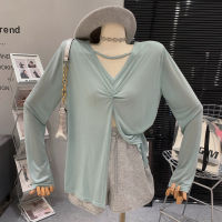 Spot parcel post Idle Style Thin Type Sunscreen T T-shirt Womens Summer Korean Style 2023 New Front and Back Wearable V Collar Design Long-Sleeved Top