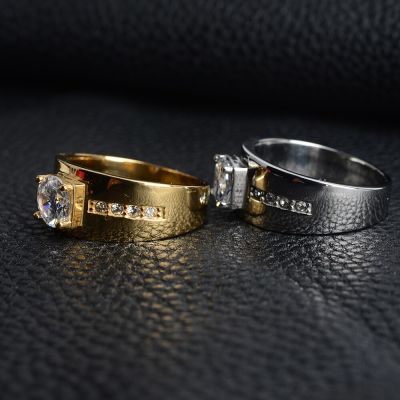 แหวนสแตนเลสผู้ชายคุณภาพสูงเพทายทองแหวนหมั้นหมายคำสัญญาของคู่รักไทเทเนียมเครื่องประดับแฟชั่นครบรอบ