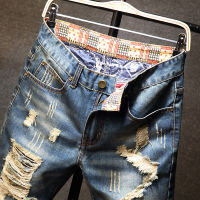 2023 Summer New Mens Ripped Short Jeans Streetwear Big Hole Fashion Vintage Blue Slim Denim Shorts nd Clothes