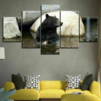 Black Bear In Water Zoo Animal Canvas Prints - 5 Panel Painting Wall Art For Home Decor-โปสเตอร์ภาพพิมพ์ HD-เหมาะสำหรับห้องนั่งเล่นห้องนอนหรือสำนักงาน-ไม่รวมกรอบ