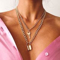 European American Personality Fashion Key Lock Pendant Necklace Exaggerated Double Layer Thick Chain Retro Clavicle Chain Collar