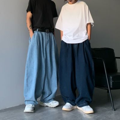 Streetwear ญี่ปุ่นหลวมผู้ชายถุงกางเกงยีนส์สบายๆขากว้างแฟชั่นฮาราจูกุเกาหลีคลาสสิกสีทึบกางเกงยีนส์กางเกงคาร์โก้