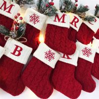 Christmas Socks Letter Snowflake Pattern Knitting Christmas Stocking Xmas Gift Bag Christmas Decorations for Home 2022 New Year Socks Tights