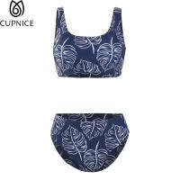 Two Pieces Tank Bikini Sets Women Polyester Floral Printed Swimsuit Scoop Neck Wide Strap Padded Swimwear