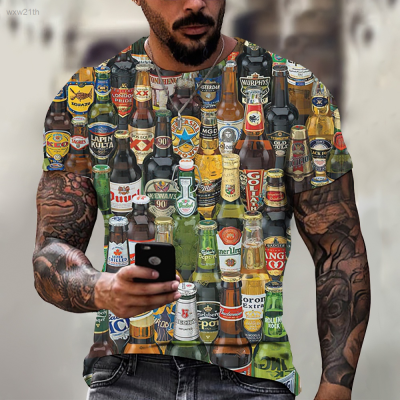 2023 Casual T-shirt Short Sleeve Round Neck 3d Beer Bottle Print Breathable Summer Mens Wear Unisex