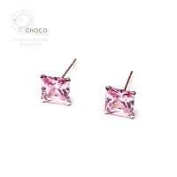 (S925) ต่างหูสี่เหลี่ยม เพชร CZ เงินแท้ Sterling silver stud earrings Pink 6 mm