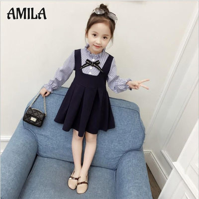 AMILA ชุดเดรสสำหรับเด็กผู้หญิง,ชุดเดรสแขนยาวลายทางยาวปานกลางสองชิ้นปลอมสำหรับฤดูใบไม้ผลิและฤดูใบไม้ร่วงฉบับภาษาเกาหลี