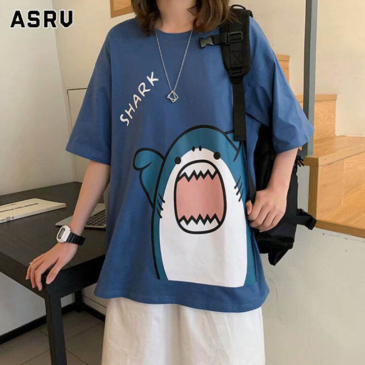 asrv-เสื้อคู่ลำลองผู้ชายเสื้อแขนสั้นพิมพ์ลายปลาฉลามเสื้อยืดทรงหลวมลำลองเสื้อสวมหัวหลากสีเสื้อคอกลมเสื้อยืดผู้ชายเสื้อกล้ามชายเสื้อยืดคอกลม