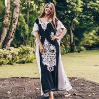 COD DSFGRDGHHHHH Modern Black Floral Kaftan Murah Premium Cotton Printed Robe Summer Plus Size Beach Dress Short Sleeve Kaftan Cotton Lembut Terengganu