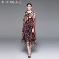 ┇▽ n4rn Vestido de malha manga comprida feminino Vintage Multicolorido Bordado em Flores Applique Midi Moda Passarela Verão N828