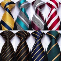 ✢ DiBanGu Designer Mens Wedding Tie Gold Black Striped Silk Neck Ties For Men Hanky Cufflinks Set Business Party Gravatas