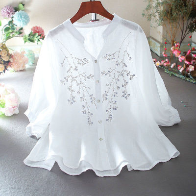 2023 Summer New Large Size Womens Clothing Loose Slimming Casual Embroidery Style Western Style Shirt Womens Top