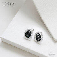 Lenya Jewelry ต่างหูเงินแท้ดีไซน์รูปไข่ประดับด้วยนิล (Black Spinel) ล้อมด้วยคิวบิกเซอร์โคเนีย(Cubic Zirconia) ประกายวับวิบจับตา