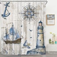 【CW】♣  Sailboat Shower Curtain Compass Lighthouse on Barn Door Pirate Fabric with Hooks