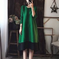 2023 Hot Miyake pleated  spring new Korean style plus size womens temperament three-quarter sleeve a-line dress womens mid-length