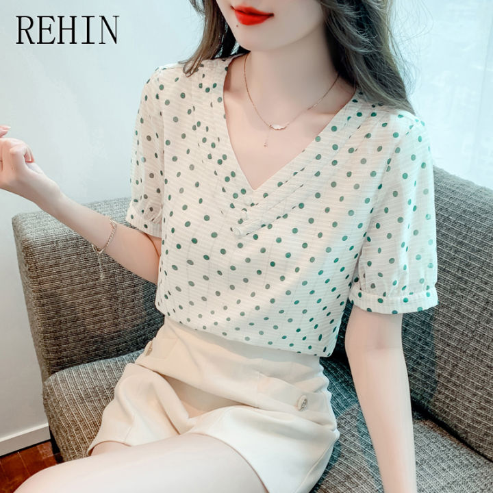 rehin-เสื้อสตรีคอวีแนวแขนสั้นลายออกแบบคอวีแนวเสื้อชีฟองลายจุดสง่างามฉบับภาษาเกาหลี