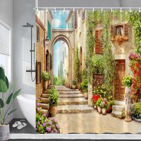 Vintage Italian Street Flowers Shower Curtains Arch Architectural Plants Scenery Bathroom Decor with Hooks Garden Wall Hanging