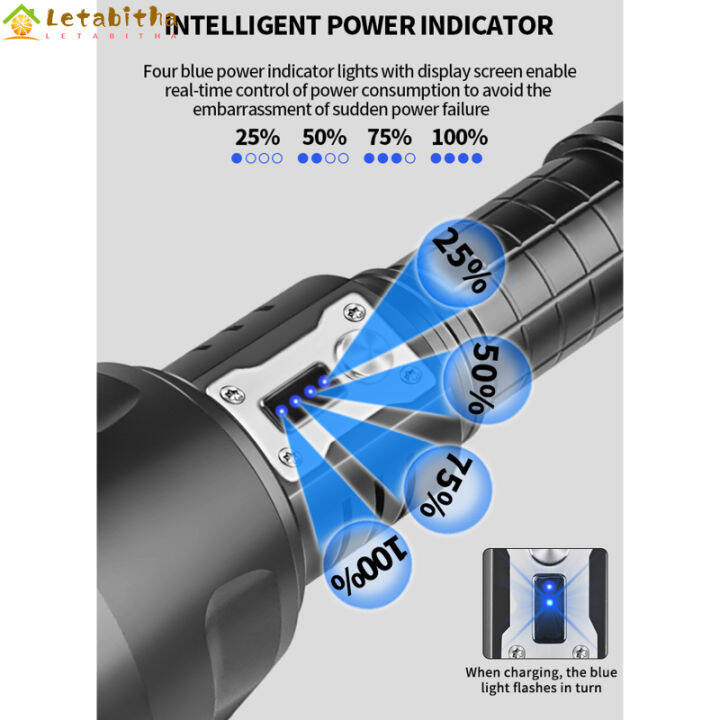 letabitha-ไฟฉาย-led-ไฟฉายไฟกลางแจ้ง-xhp90-1800ลูเมน5ระดับ-type-c-ชาร์จ-usb-ไฟฉายโฟกัสคงที่พร้อมไฟแสดงสถานะพลังงาน