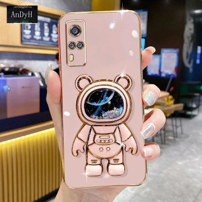 AnDyH Phone Case Vivo Y51(2020 December)/Y31 2020/Y31 2021/Y51A/Y53S 4G/Y33 6DStraight Edge Plating+Quicksand Astronauts who take you to explore space Bracket Soft Luxury High Quality New Protection Design