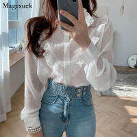 Vintage Single Breasted White Chiffon Blouses Women Ruffled Dots See Through Shirts Long Sleeve Shirt Tops Ropa De Mujer 13575