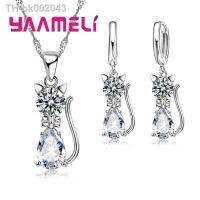 ✑♨ Real 925 Sterling Silver Jewelry Sets for Woman Girls Shining 7 Colors Austrian Crystal Cute Cat Pendant Necklace Huggie Earring