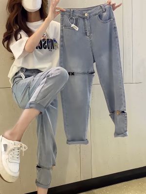 【CC】✌  Y2k Pear-shaped Slightly Wear A Big Size Ripped Nine-point Jeans Children Harlan Daddy Pants Waist Thin Sty