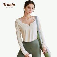 Fennin เสื้อครอปท็อปแขนยาว คอวี ทรงหลวม สามารถปรับได้ สไตล์สปอร์ต