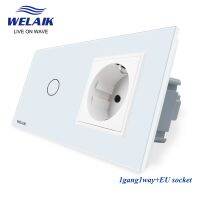 WELAIK EU 2กรอบ1 ~ 1000W โหลดสูง1Gang 1Way กระจกนิรภัยแผงไฟ LED Wall Touch-Switch 16A Power Socket 220V A29118ECW