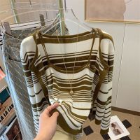 Spot parcel post Vintage Stripe Two-Piece Dress of Knitted Sweater Women 2023 Fall New Simple and Versatile Slimming Sling Outerwear Small Coat