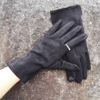 Winter Suede Leather Pearl Warm Gloves Woman Plus Velvet Thicken Ski Full Finger Touch Screen Riding Nonslip Driving Mittens K34