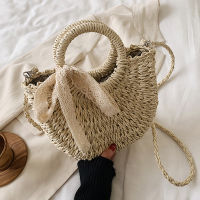 Straw Bag Women Hand-Woven Handbag Moon Shape Lace Bow Rattan Bag Big Capacity Drawstring Casual Beach Shoulder Crossbody Bag