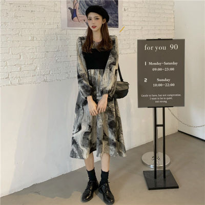 New Style A-Line Skirt In Spring And Autumn Of , Women Aged 18-35 With Retro Stitching Tie Dyed Long Sleeved Dress