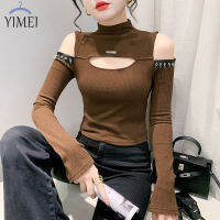 YIMEI เสื้อซับในเข้ารูปพอดีสำหรับผู้หญิง,เสื้อปักหมุดโชว์ไหล่ลายอัศวินใหม่2023ฤดูใบไม้ร่วง/ฤดูหนาว