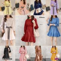 P10554 เดรสแขนศอกตุ๊กตา + สายผูกลายริ้ว Doll elbow sleeve dress + striped tie