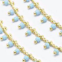 1m 3.28 Feet Handmade Glass Beaded Chains Soldered Brass Chain Golden Long-Lasting Plated Light Sky Blue 6x2mm Chain: about 2mm wide