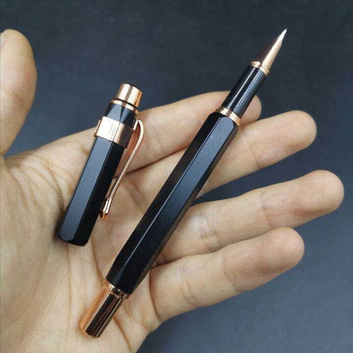 rare-old-stock-wing-sung-095-fountain-pen-hexagon-black-metal-ink-pen-bronze-clip-f-nib-stationery-office-school-supplies