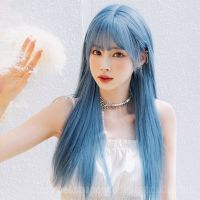 [0727]YWQJ-JF Wig Womens Long Straight Hair Cartoon White Fish Blue Full-Head Wig Style Bangs Internet Celebrity Natural Simulation Hair Cover SZQN at