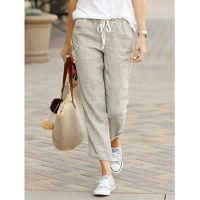 Womens New Solid Loose Casual Drawstring Elastic Waist Cotton Hemp Cargo Pants