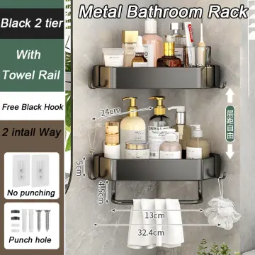 Black Double-layer Wall Mounted Bathroom Storage Rack With No