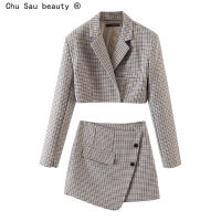 2021 Autumn New Fashion Vintage High Street Slim Woman Plaid Short Blazer Coat Cropped Top + Mini Skirt Suit Office Ladies