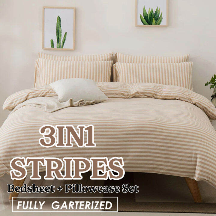 Heavens Dream H 3in1 Bedsheet Plain Stripe Fully Garterized Elegant Comfort Bed sheet Set