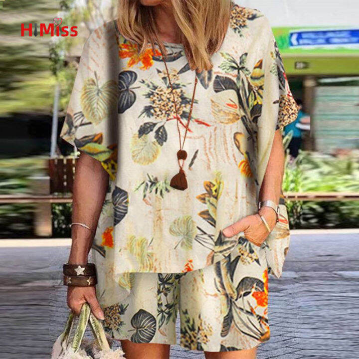 2-pcs-women-outfits-cotton-linen-retro-printing-short-sleeve-blouse-side-pockets-shorts-plus-size-loose-cropped-pants-set