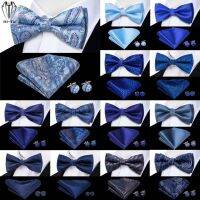 ✎✥ Hi-Tie Navy Royal Sky Blue Silk Mens Bow Tie Hankerchief Cufflinks Set Pre-tied Butterfly Knot Bowtie for Male Wedding Business